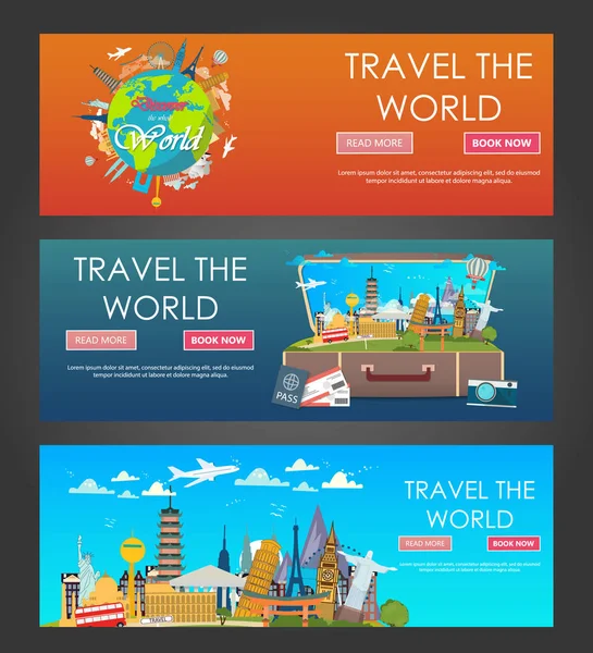 Подорож Світ Відпустка Подорож Світ Туризм Туристичний Банер Подорожуюча Ілюстрація — стоковий вектор