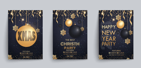 Merry Christmas and Happy New Year 2018. Invitation to a party. Gold and black colors. Place for text Christmas decorations, star balls. Leaflet brochure. Vector illustration