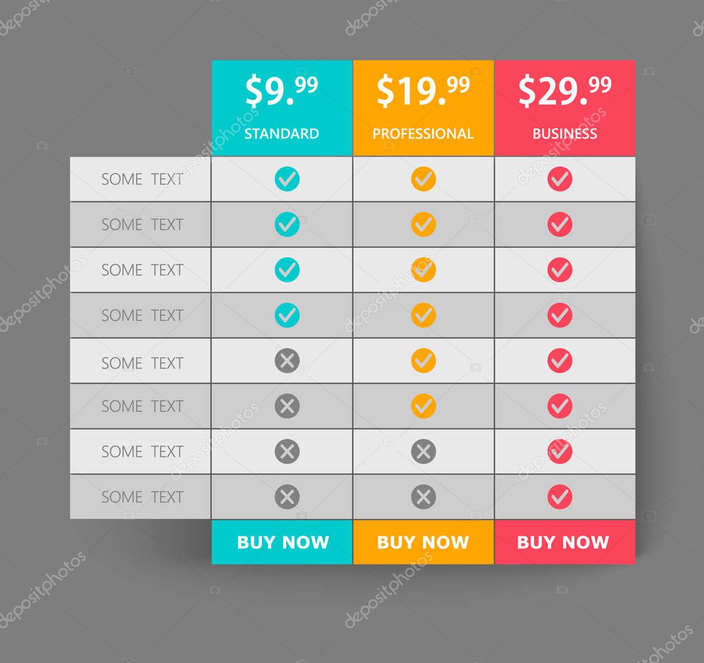 Creative business plans web comparison pricing table. Design modern banner list. Abstract concept graphic websites, applications element. Vector EPS10 illustration. Colorful 3d chart.