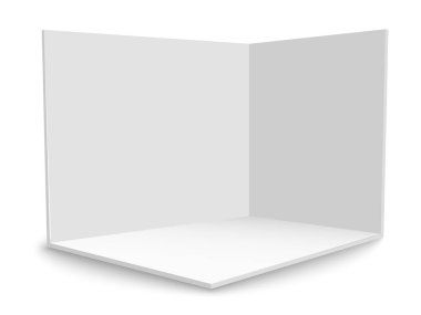 3D sergi standında. Kare köşe. Vektör beyaz boş geometrik kare. Boş kutu şablonu