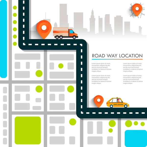 Carte routière avec icônes de navigation. Concept de navigation. Illustration vectorielle emplacement de la chaussée . — Image vectorielle