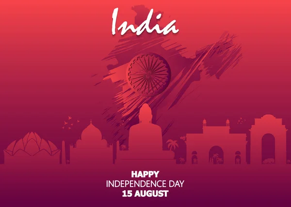 Feliz Día de la Independencia de la India para el 15 de agosto. Famoso monumento de la India en el fondo indio. Ilustración vectorial EPS10 — Vector de stock
