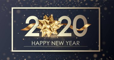 Mutlu yıllar 2019 kış tatili tebrik kartı tasarım şablonu. Parti posteri, afiş ya da davetiye yıldızların parıldayan konfeti süslemesi. Altın hediye yayı ile vektör arkaplan