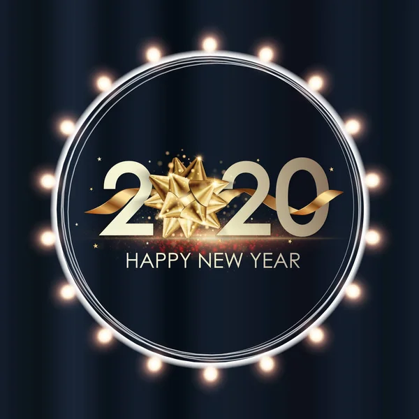 Happy New Year 2020 wintervakantie wenskaart ontwerpsjabloon. Party poster, banner of uitnodiging goud glinsterende sterren confetti glitter decoratie. Vector achtergrond met gouden gift Bow — Stockvector