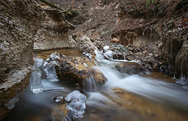 Pequeno Riacho Florestal Primeiro Dia Inverno Congelando Criações Gelo Frio — Fotografia de Stock