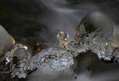 Kış ilk günü. Küçük orman Creek dondurucu soğuk buz oluşturma.