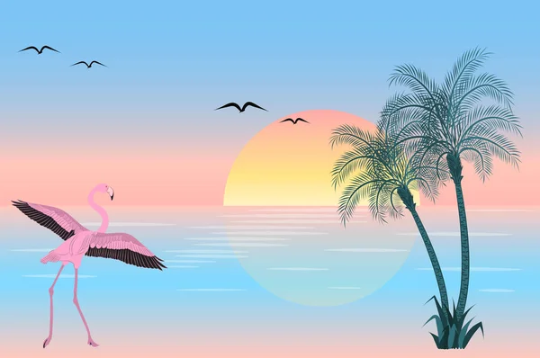 V západu slunce flamingo na jezeře scéně — Stockový vektor