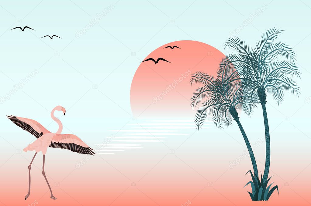 At sunset flamingo on lake scene