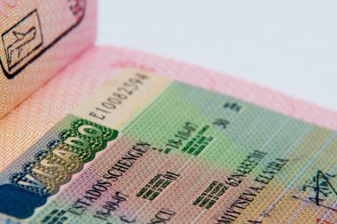 Pasaportdaki Schengen vizesi beyaz arka planda yakın plan