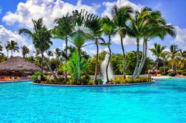 Punta Cana, Dominik Cumhuriyeti - 25 Mart 2010: Hotel Catalonia Royal Bavaro, Plaj Oteli yüzme havuzu Palmiye ağaçlarıyla çevrili.