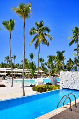Punta Cana, Dominik Cumhuriyeti - 25 Mart 2010: Hotel Catalonia Royal Bavaro, Plaj Oteli yüzme havuzu Palmiye ağaçlarıyla çevrili.