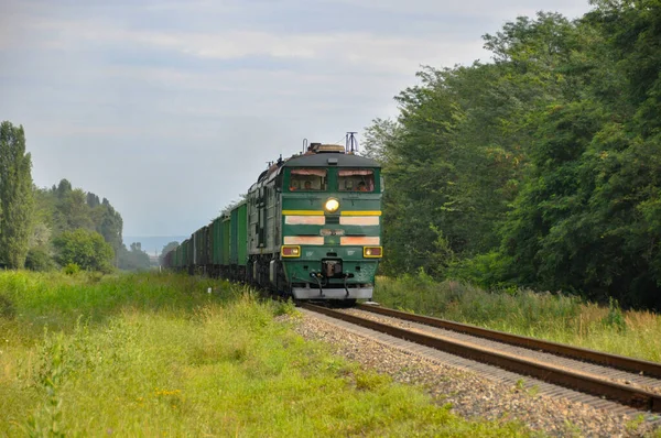 Krasnodar, Rusya - 06 Temmuz 2015: Bir yük treninin yeşil modern lokomotifi Kuzey Kafkasya Demiryolu üzerinde bir vagon treni taşıyor