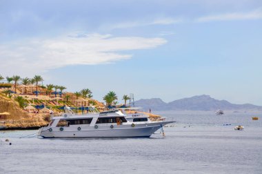 Sharm El Sheikh, Mısır - 17 Nisan 2014: Mısır 'ın deniz kıyısındaki Sharm El Sheikh plajının görüntüsü