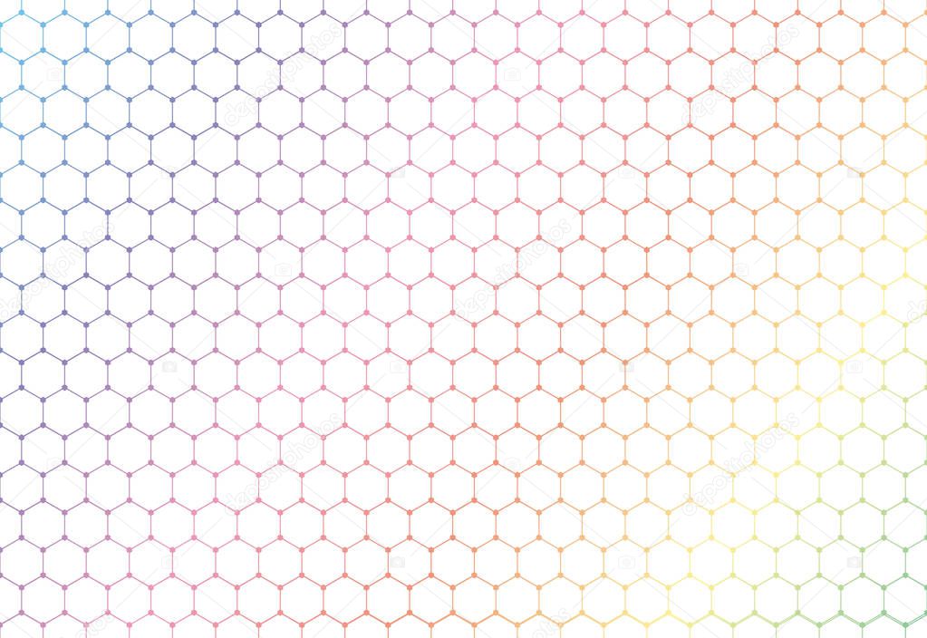 Abstract colorful hexagons seamless pattern on white background and texture. Hexagonal lines net with dots in the cross points. Vector illustration