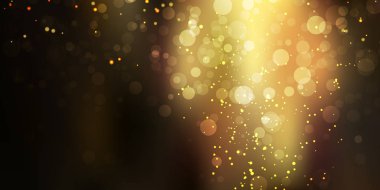 Bokeh ışıklar siyah zemin üzerine altın ışıltılı pırıltılı stardust. Kartı, afiş, davetiye, tasarlamak, fiş için festival altın arka plan. web afiş, broşür. Vektör çizim