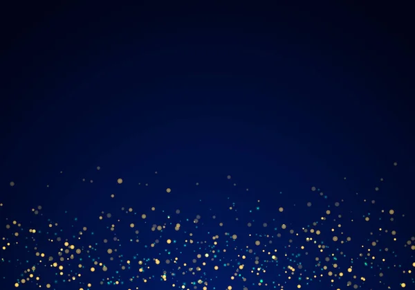 Soyut düşen altın glitter koyu mavi arka plan aydınlatma ile doku ışıkları. Sihirli altın tozu ve parlama. Neşeli Noel arka plan. Vektör çizim