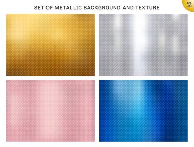 Metalik altın set, altın, gümüş, mavi metal kareler desen doku ve arka plan pembe. Broşür, düğün kartı, poster, afiş için altın folyo lüks stil. Vektör çizim
