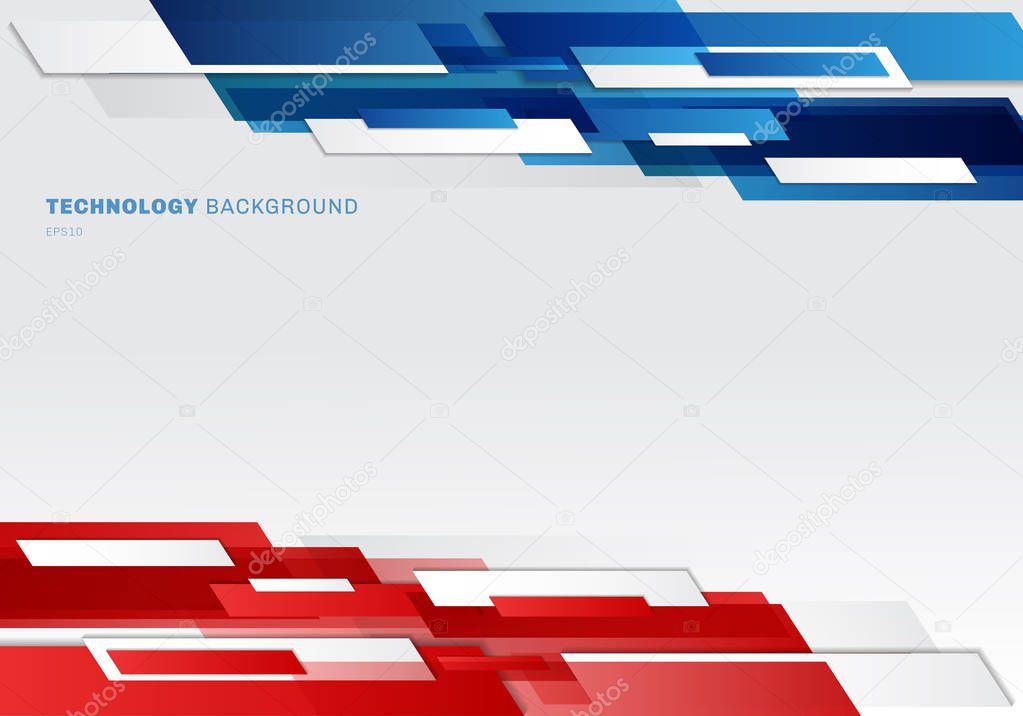 Abstract header blue, red and white shiny geometric shapes overl