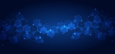 Soyut teknoloji konsepti mavi geometrik altıgen deseni ile koyu arkaplanda parlayan ışığı birbirine bağlıyor. Tıbbi, teknolojik ya da bilimsel tasarım. Vektör illüstrasyonu