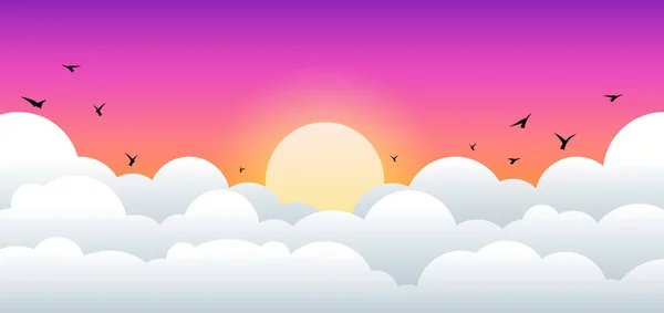 Soir Lever Coucher Soleil Paysage Nuageux Ornithologique Illustration Style Vectoriel — Image vectorielle