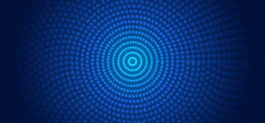 Soyut yatay afiş ağ şablonu daire desen bağlantıları noktalar ve parlayan parçacıklar mavi arkaplan. Teknoloji fütüristik konsepti. Vektör illüstrasyonu