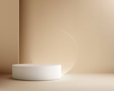 Minimalist bej arka plan, beyaz yuvarlak podyum ve zarif ürün sergi salonu sunumu veya markalaşma sahnesi için yaratılmış şeffaf daire.