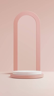 Yumuşak pembe ve beyaz minimalist podyum görüntüsü kemerli çerçeve arka planı modern bir kadın stüdyosundaki ürün modelleme ya da moda markası için ideal.