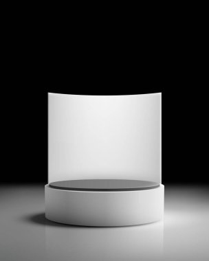 Ürün tanıtımı ve markalaşması için tasarlanmış minimalist bir stüdyoda, beyaz silindirik tabanlı ve koyu gri kapaklı modern 3D podyum.