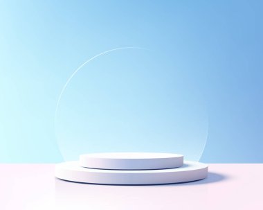 Pastel gradyan arkaplan ve şeffaf küreye sahip temiz beyaz podyum en az zarif ve havadar bir ortamda ürünleri sergilemek için modern bir sunum aşaması oluşturur.