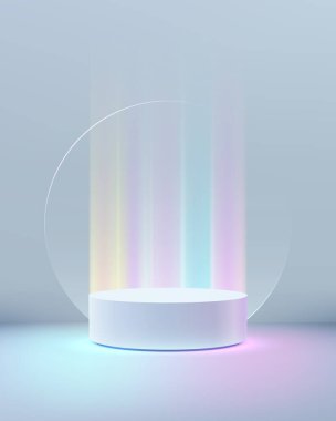 Fütüristik podyum, holografik neon ışığı ve şeffaf bir halka ile parıldıyor, modern ürün sunumu ve yaratıcı gösterim kavramları için ideal bir rüya bilim kurgu gösterisi yaratıyor.