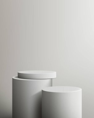 Ürün görüntüleme ve modern markalaşma için tasarlanmış yumuşak gri bir zemin üzerinde 3D iki minimalist beyaz podyum, temiz çizgiler, ince gölgeler ve zarif geometrik denge