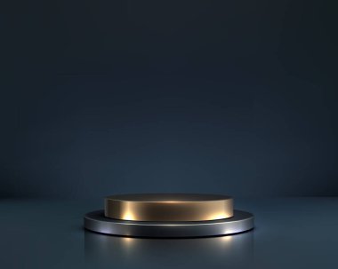 Modern altın ve siyah podyum, yansıtıcı yüzeyine sahip koyu mavi arka plan, zarif bir 3D sunumda lüks ürünleri sergilemek için mükemmel.