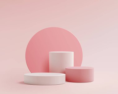 Yumuşak pastel arka planda üç pembe silindir ve dairesel arkaplan ile minimalist 3D podyum ürün gösterisi kozmetik modelleme veya modern markalaşma tasarımı için mükemmel