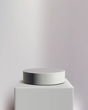 Yumuşak gradyan gri arkaplana karşı beyaz silindirli minimalist 3d podyum, ürün gösterimi, markalaşma vitrini, kozmetik duruşu ve modern sunum için mükemmel