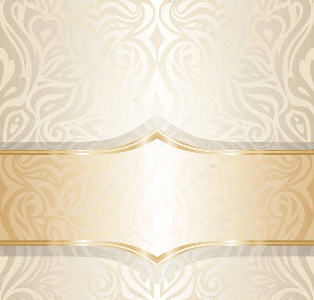 Floral wedding invitation wallpaper trend design in ecru & gold, with blank space gentle shiny