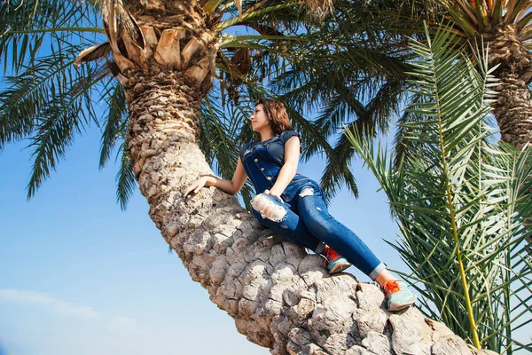 Jovem Mulher Sentada Posando Tronco Palma Parque Tel Aviv Israel — Fotografia de Stock