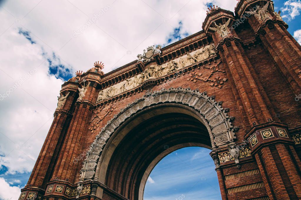 Close view of Arc de Triomf details in Barcelona, Spain