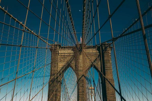 Vista Panorámica Los Detalles Del Puente Brooklyn Luz Del Atardecer —  Fotos de Stock