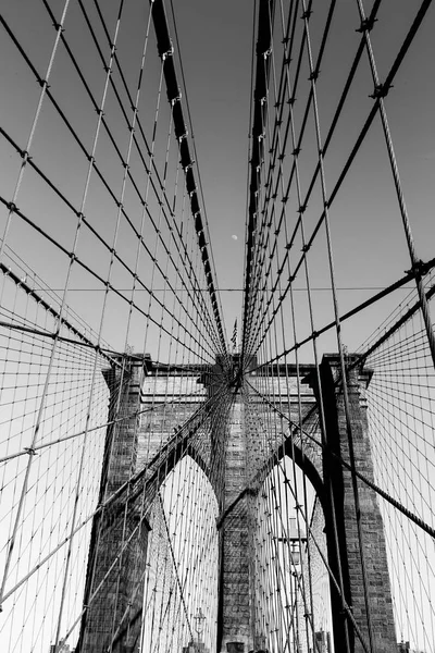 Vista Panorâmica Dos Detalhes Ponte Brooklyn Sob Luz Pôr Sol Imagem De Stock