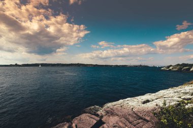 Castle Hill Deniz Feneri mavi koyun panoramik görünümü, Newport, Rhode Island, Abd