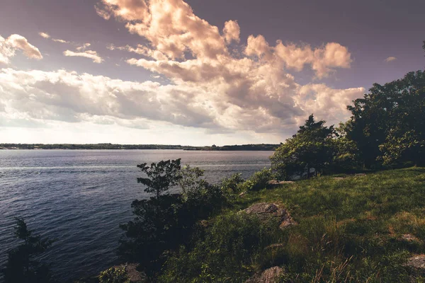 Panoramic view of blue bay of Castle Hill Lighthouse, Newport, Rhode Island, USA