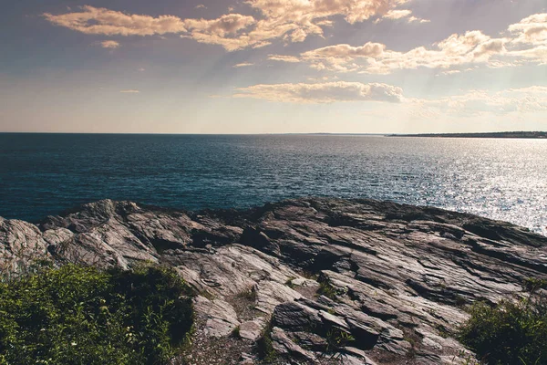 Panoramic view of blue bay of Castle Hill Lighthouse, Newport, Rhode Island, USA