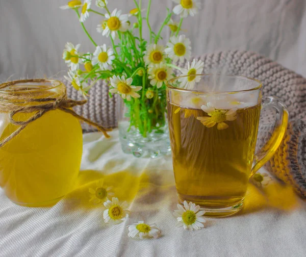 Hot Tea Honey Chamomile Transparent Cup Bouquet Flowers — Stock Photo, Image