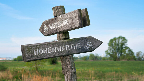   Signpost on the popular Elbe Cycle Route between Magdeburg and Hohenwarthe in Germany                             