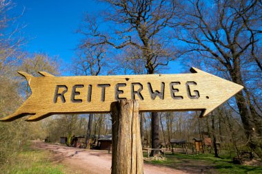Almanya 'da Magdeburg yakınlarındaki bir ormanda at binme izleri için işaret direği. Yazılı sürüş yolu ile imzalayın (Reiterweg).                               