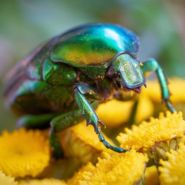Bahçedeki sarı bir çiçek üzerinde gül böceği (Cetonia aurata)                               