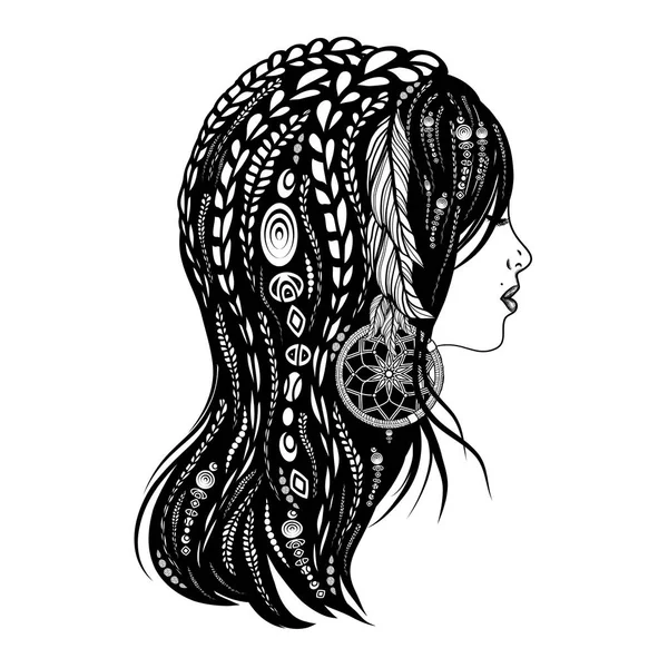 Obarvení Návrhu Stránky Staročeské Ženy Nosit Dredy Peří Vlasy Šperky — Stock fotografie
