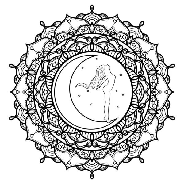 Crescente Lua Deusa Mandala Colorir Página — Fotografia de Stock