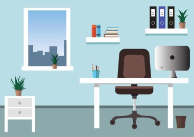 Düz ofis iç konsept illüstrasyon. Oda ofis sandalye, Resepsiyon, vazolar, bilgisayar, pencere ile. Vektör çizim.