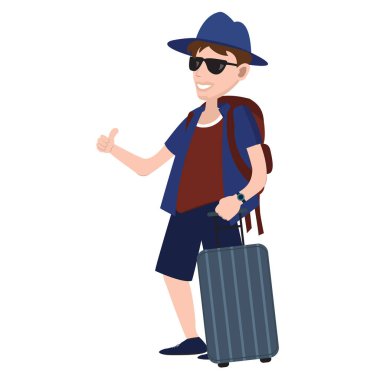 Mutlu turist adam mavi çanta. Önünde ayakta kalan turist adam görünümü giyen yazlık giysiler ve mavi kap ve mavi bir çanta tutar. Vektör çizim
